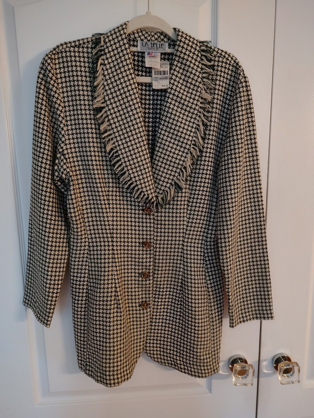 Cream & Hunter Green Houndstooth Fringed Collar Vintage Jacket